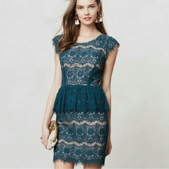 Anthropologie Elsa Green Laced Peplum Cocktail Holidays Party Dress Sz L - Picture 1 of 8